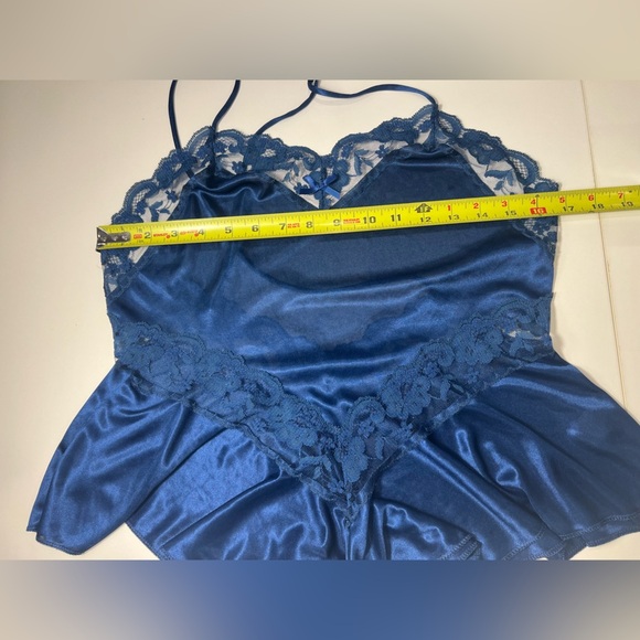 Vintage Blue lace trim satin onesie snaps lace trim ruffle teddy romper Chemise - Picture 7 of 8